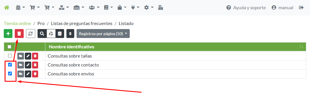 Selección masiva de listas de preguntas frecuentes para su eliminación