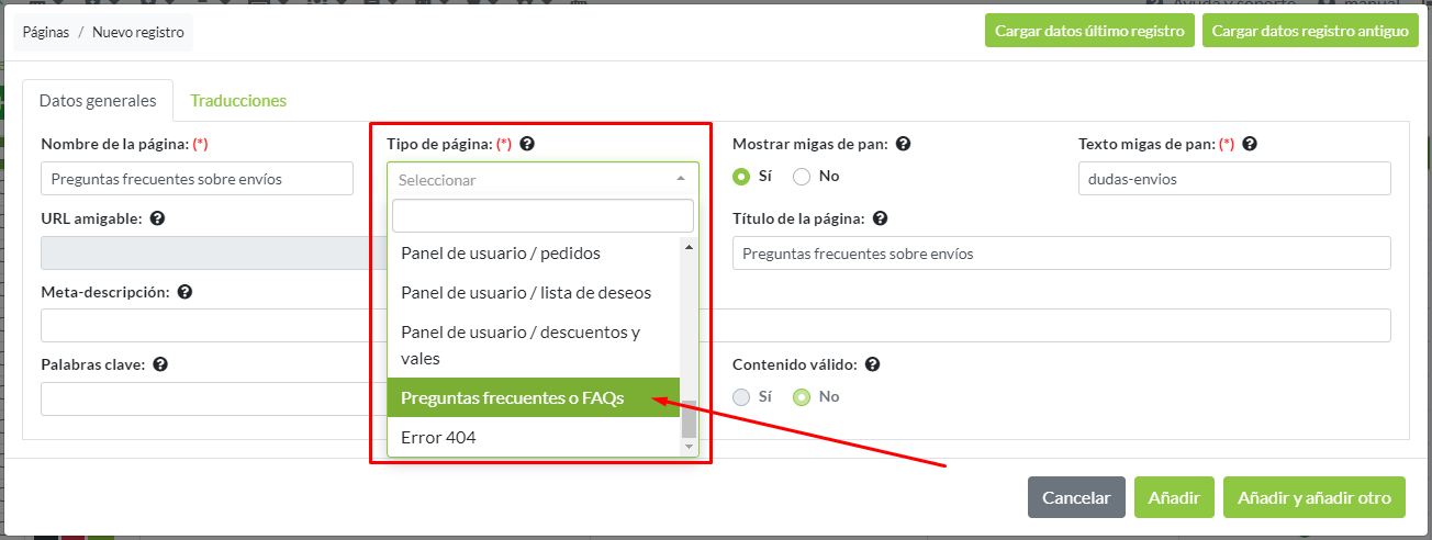 Creación de registro de página. Selección de tipo de página: Preguntas frecuentes o FAQs
