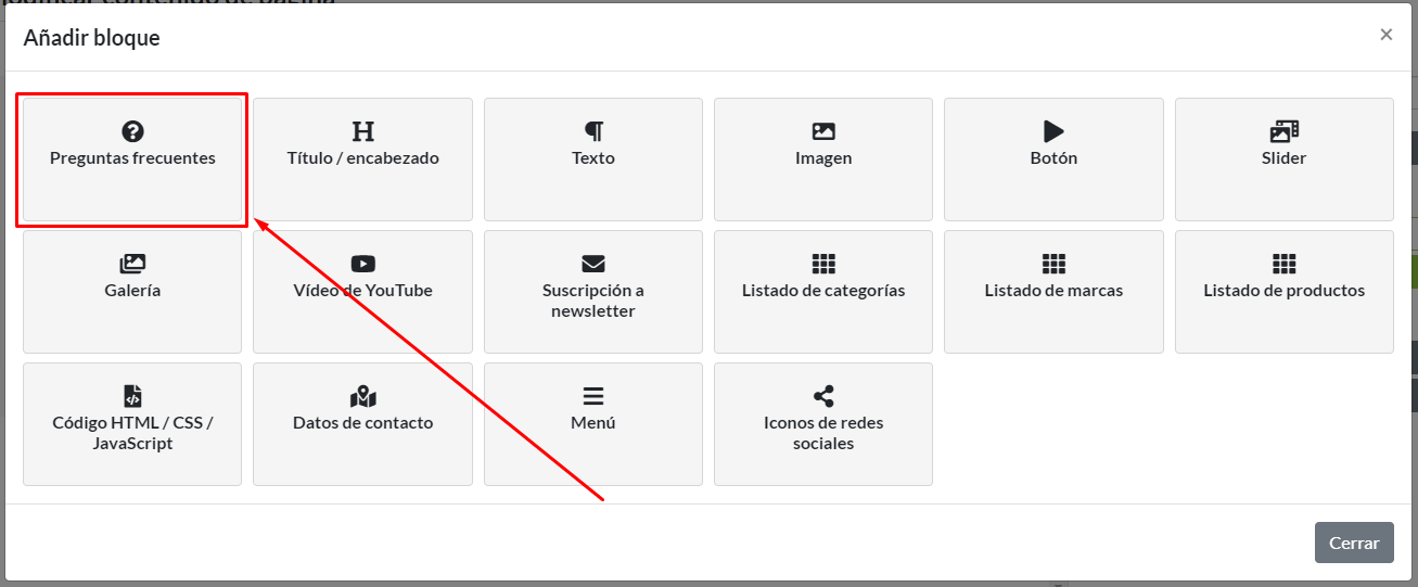 Selección de Preguntas frecuentes en menú de nuevo bloque de contenido.