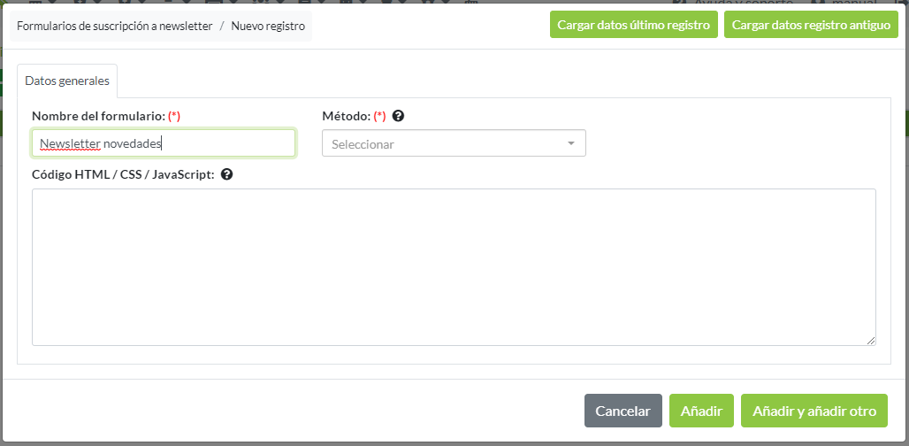 Creación de registro formulario suscripción a newsletter: Pestaña Datos generales