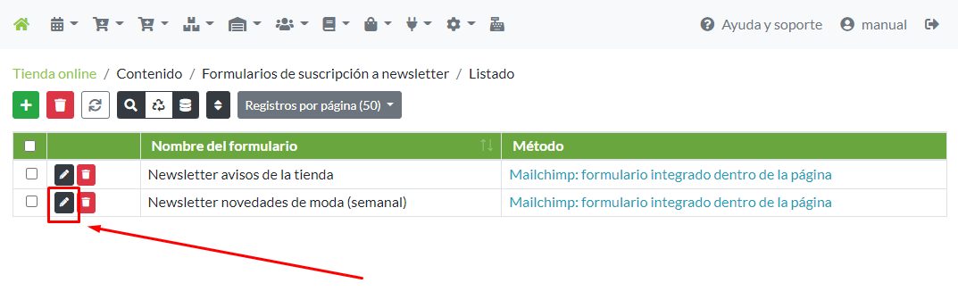 Modificación de un formulario suscripción a newsletter desde su menú de opciones