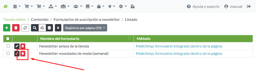 Eliminación de un formulario suscripción a newsletter desde su menú de opciones