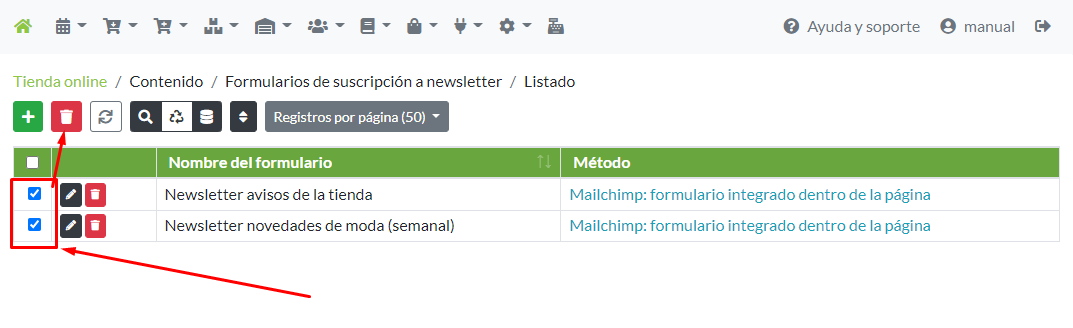 Selección masiva de formularios suscripción a newsletter para su eliminación