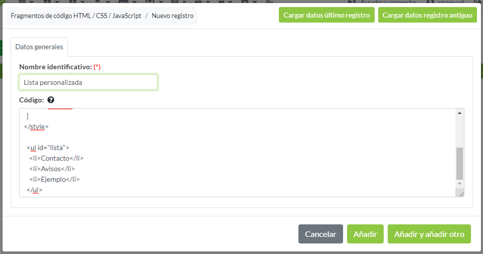 Creación de registro fragmento de código: Pestaña Datos generales