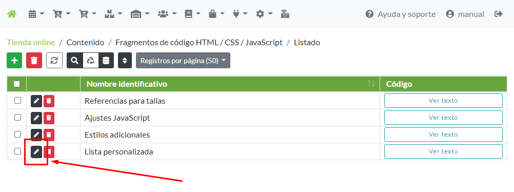 Modificación de un fragmento de código desde su menú de opciones