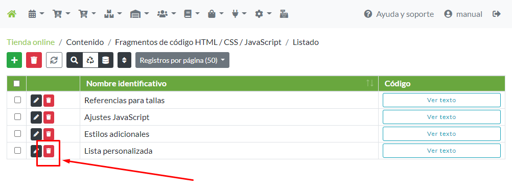 Eliminación de un fragmento de código desde su menú de opciones