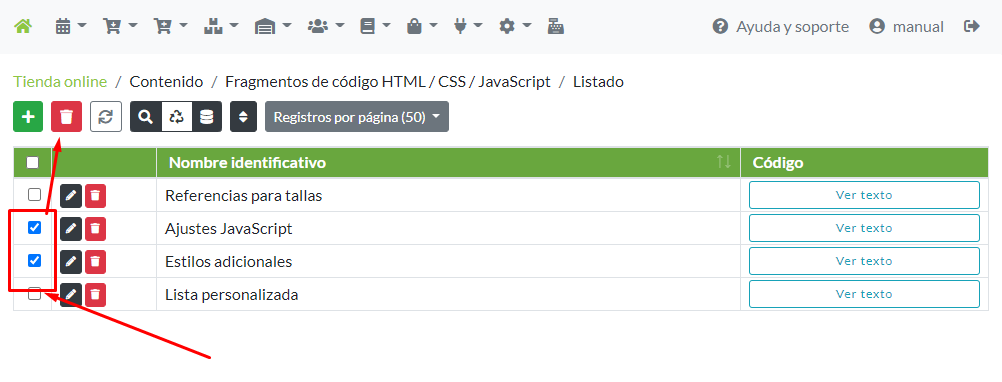 Selección masiva de fragmentos de código para su eliminación