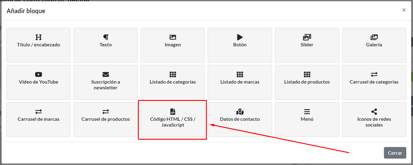 Selección de Código HTML / CSS / JavaScript, en menú de nuevo bloque de contenido.