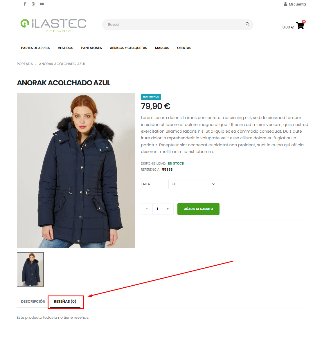Detalle pestaña reseñas en ficha de producto de tienda online.
