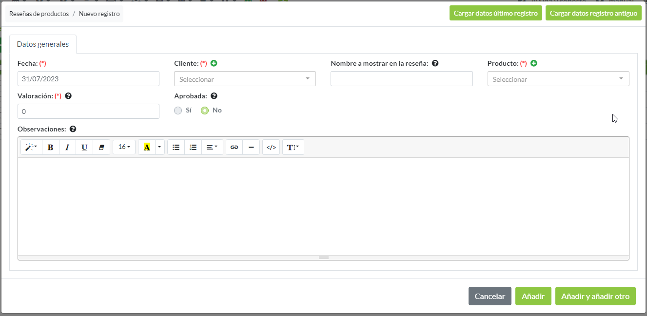 Creación de registro de reseña: Pestaña Datos generales