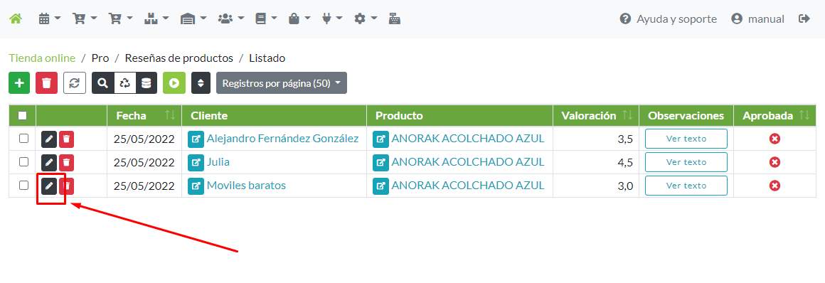 Modificación de un registro de reseña desde su menú de opciones