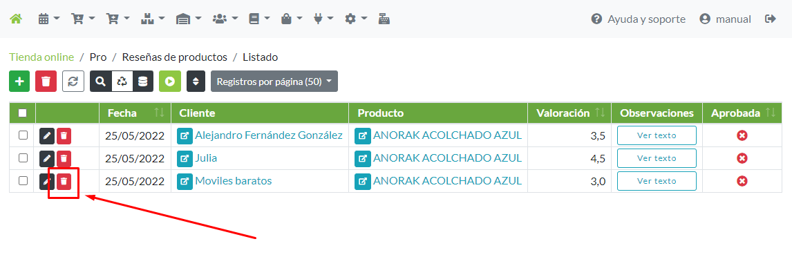 Eliminación de un registro de reseña desde su menú de opciones