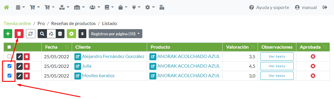 Selección masiva de registros de reseña para su eliminación