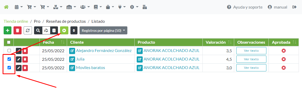 Selección masiva de registros de reseña para editar en Panel de procesos