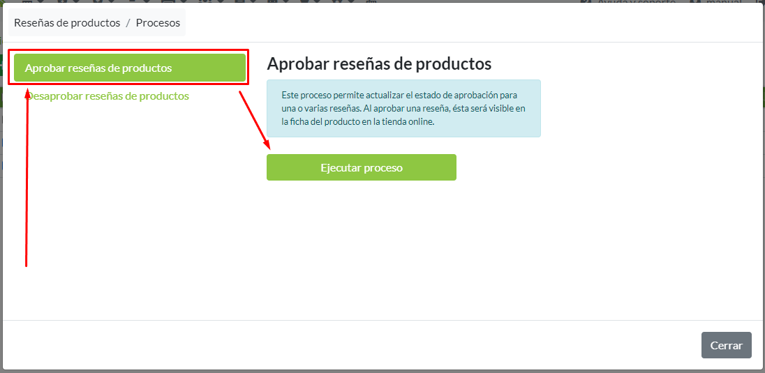 Panel de procesos: Selección de proceso Aprobar reseñas de productos