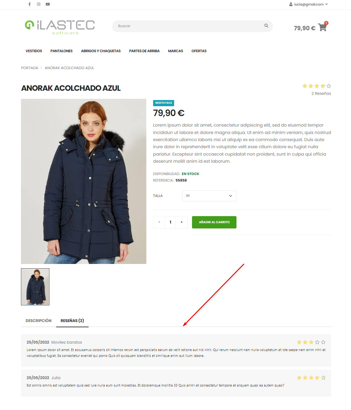 Detalle pestaña reseñas con registros aprobados, en ficha de producto de tienda online.