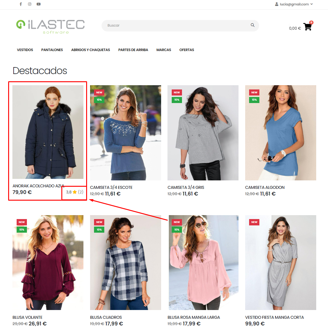 Detalle de producto con reseñas aprobadas, en listado de producto de tienda online.