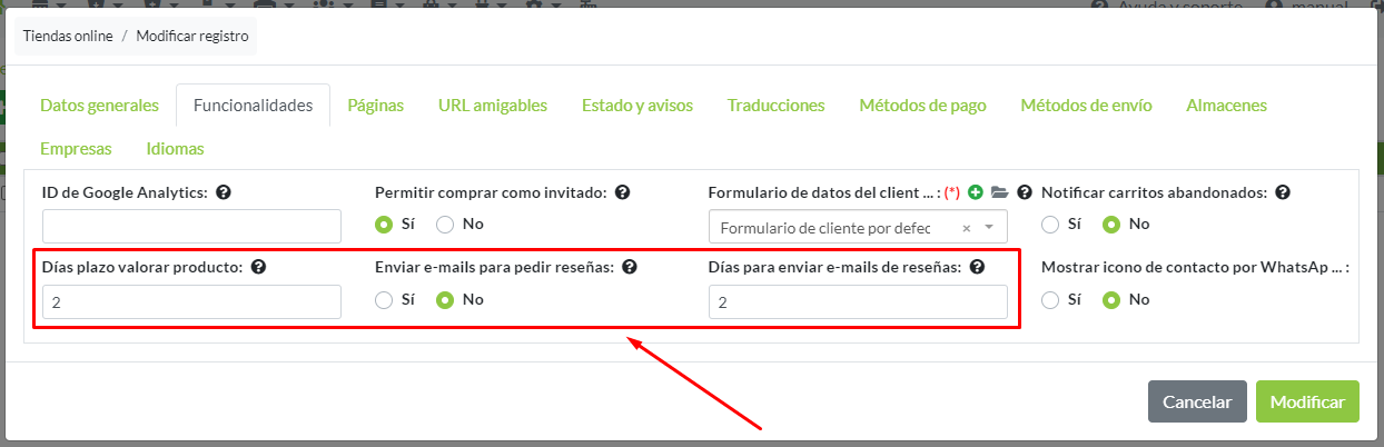 Configuración de avisos por email a clientes para emitir reseñas, en parámetros de tienda online.