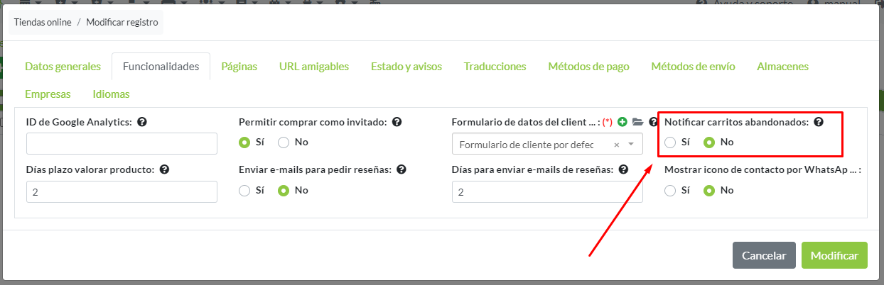Configuración para notificar carritos abandonados en parámetros de tienda online