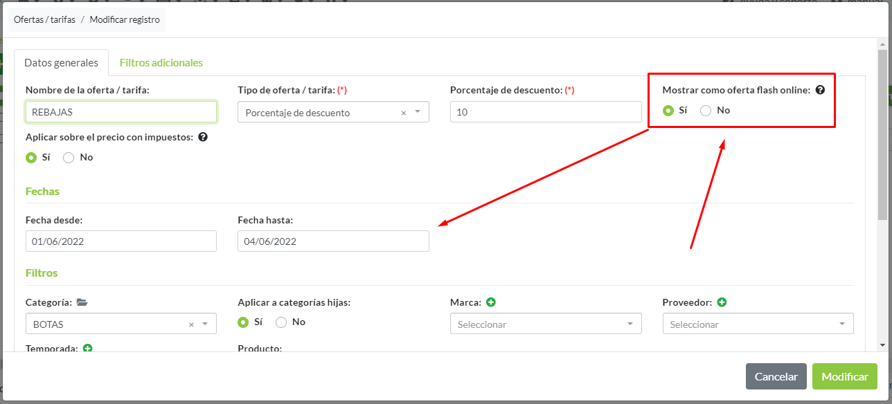 Selección de oferta flash en configuración de registro de oferta.
