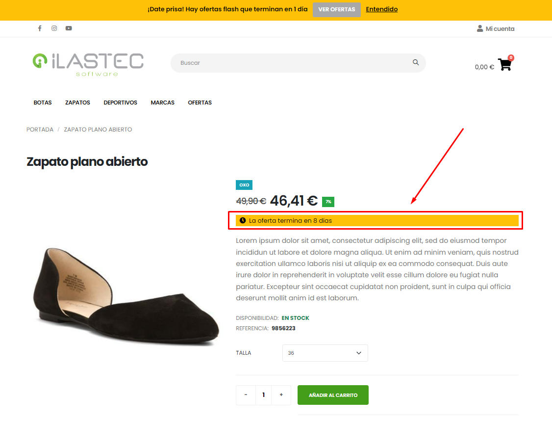 Detalle ficha de producto con oferta flash en tienda online.