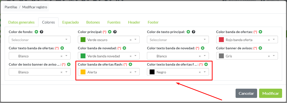 Configuración de colores para banner de oferta flash en tienda online.