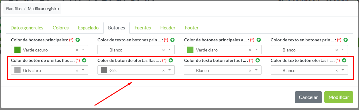 Configuración de colores para botón de banner oferta flash en tienda online.