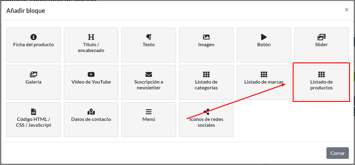 Panel de bloques de contenido: Selección de bloque Listado de productos
