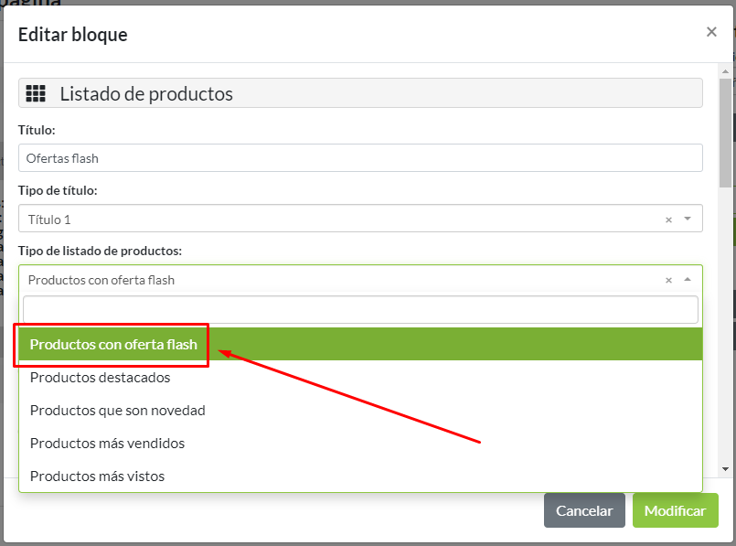 Selección de tipo de listado de productos: Productos con oferta flash