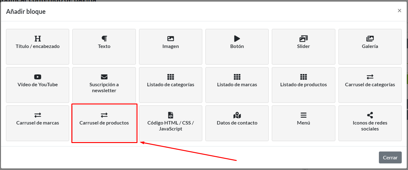 Panel de bloques de contenido: Selección de bloque Carrusel de productos