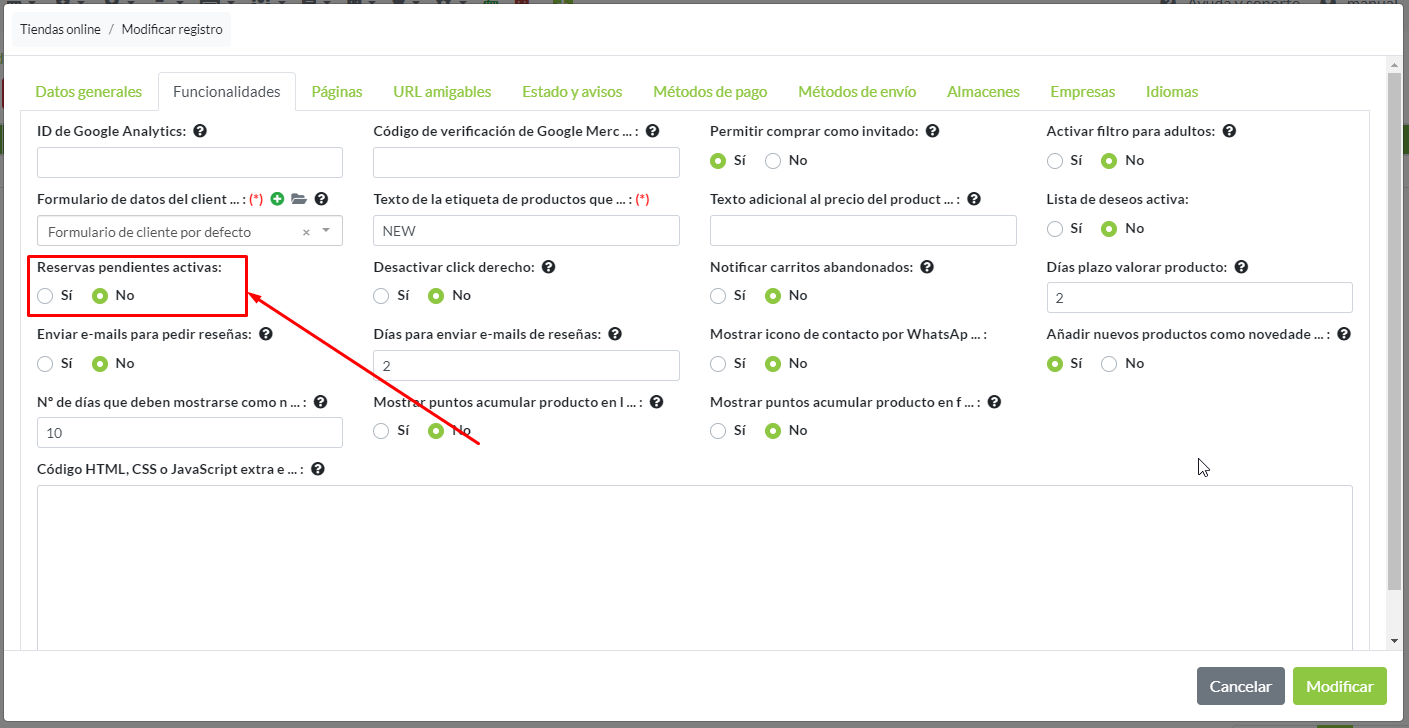 Campo activación de Reservas pendientes activas en tienda online