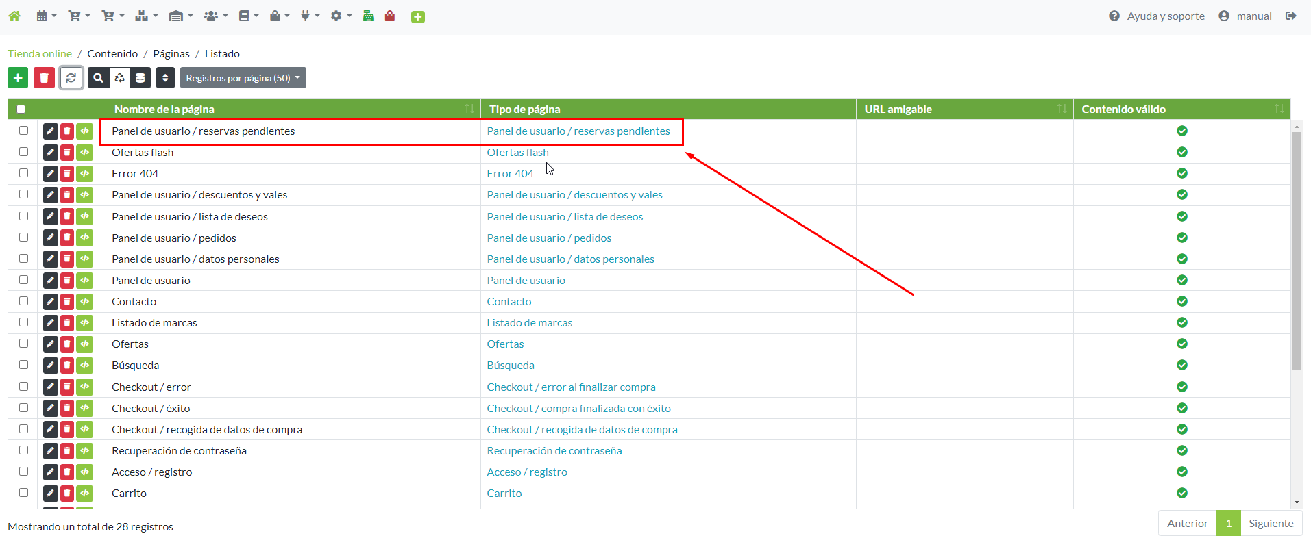 Detalle página Reservas pendientes en listado de Páginas