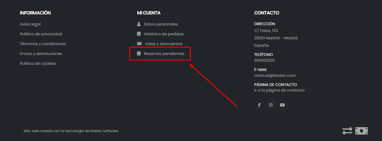 Acceso a página de Reservas pendientes en pie de página