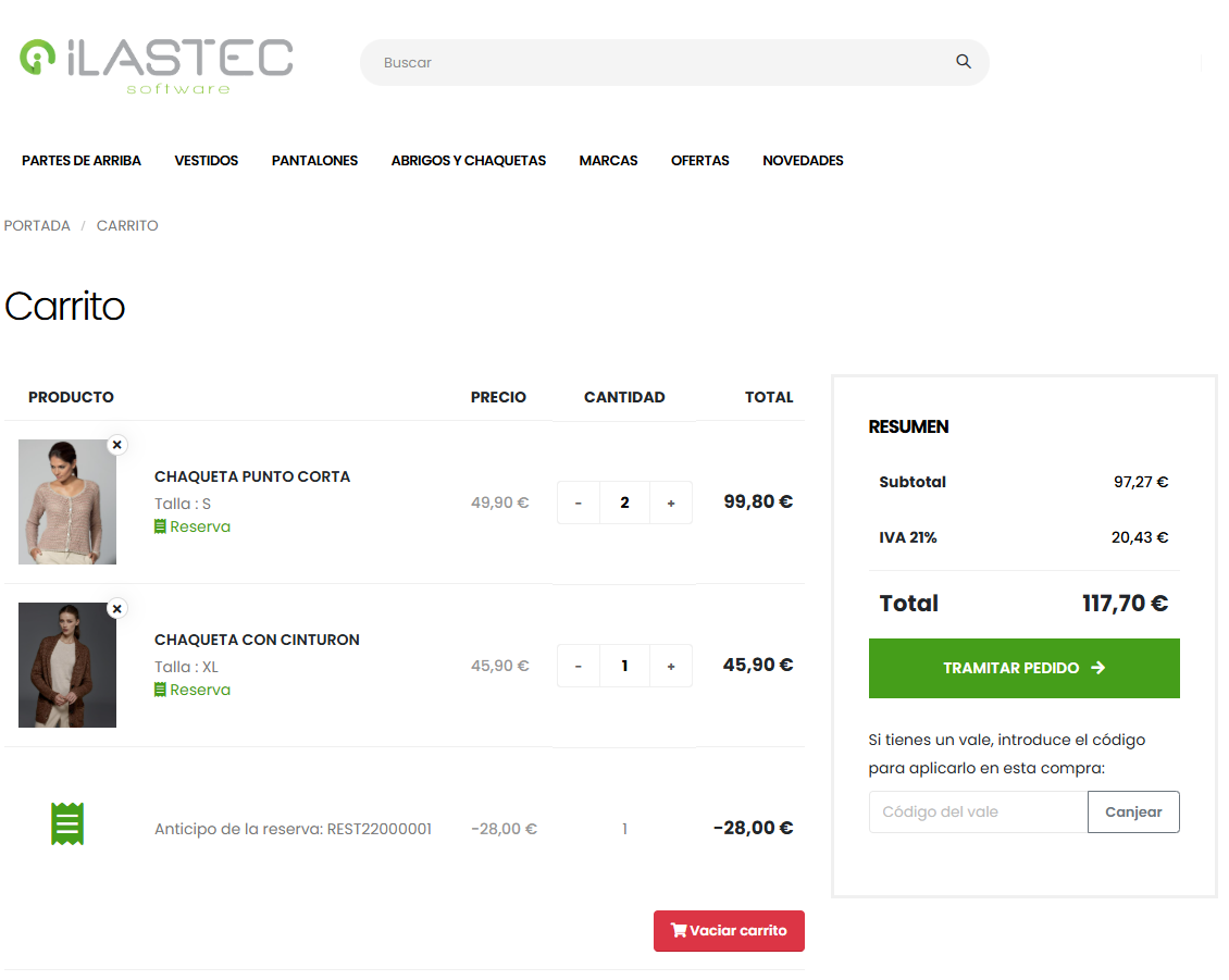 Carrito con un concepto cargado desde reservas pendientes