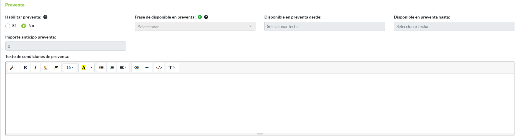 Campos de Preventa en productos