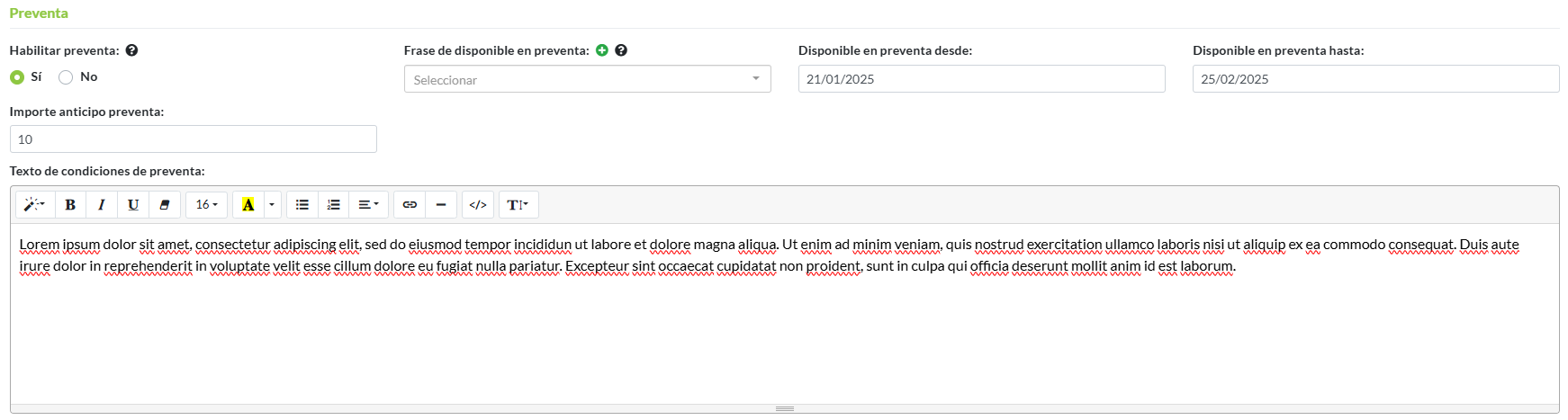 Producto configurado para Preventa