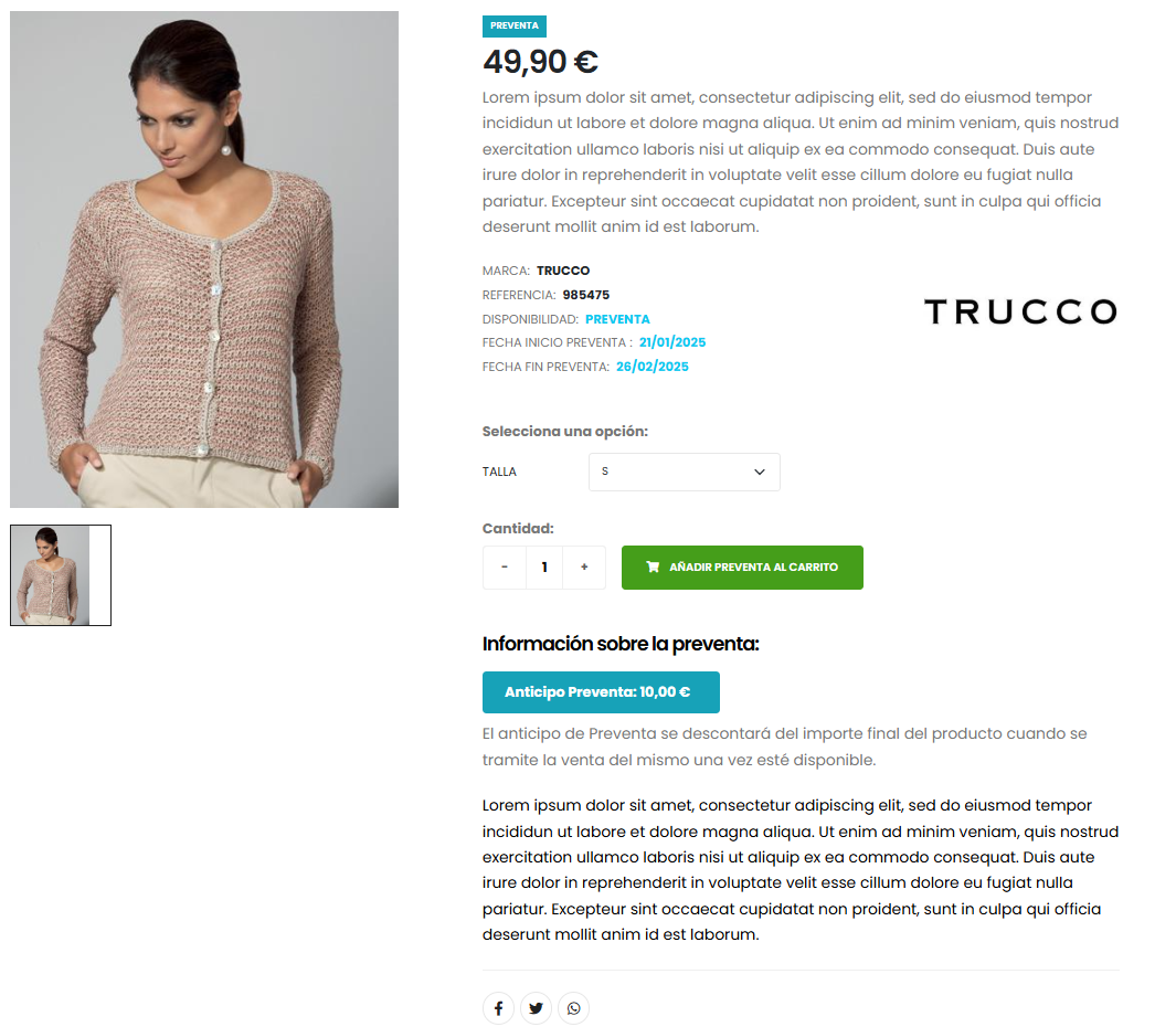 Producto en Preventa en la ficha de la tienda online