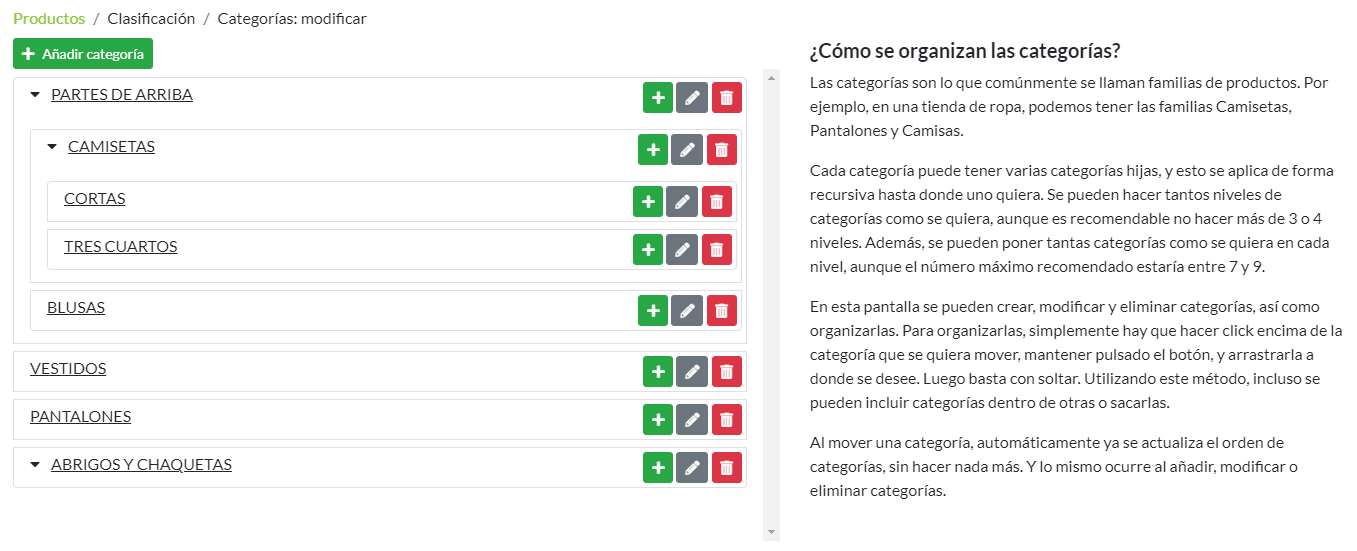 Pantalla de modificación de categorías