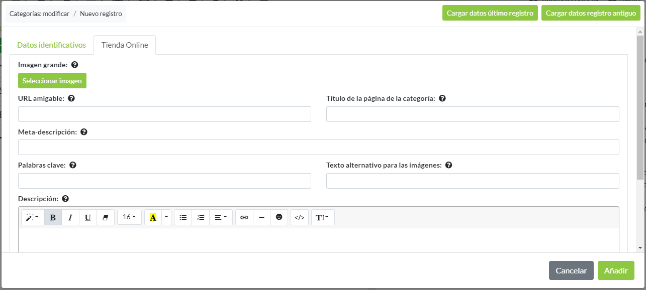 Categorías: Pestaña tienda online