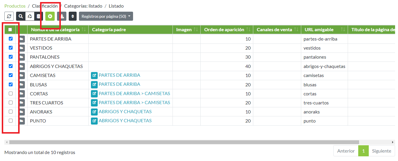 Categorías: Añadir/eliminar canales de venta