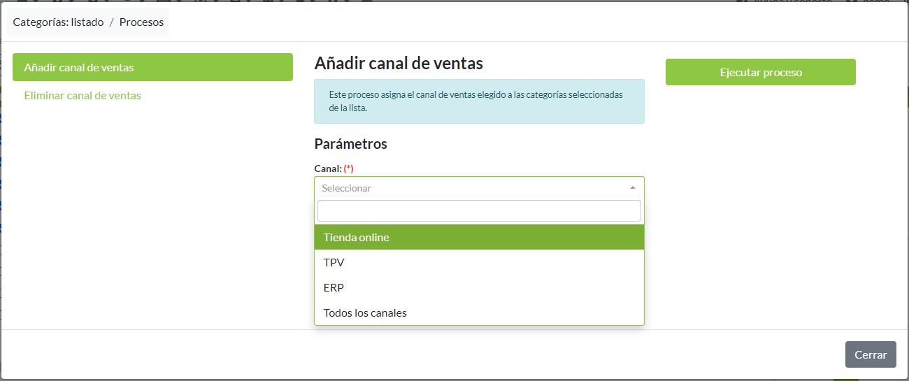Proceso Añadir/eliminar canales de venta