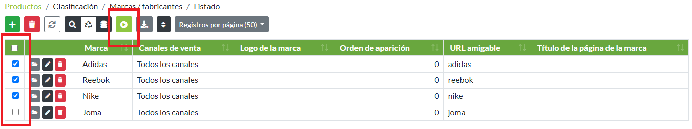 Marcas: Añadir/eliminar canales de venta