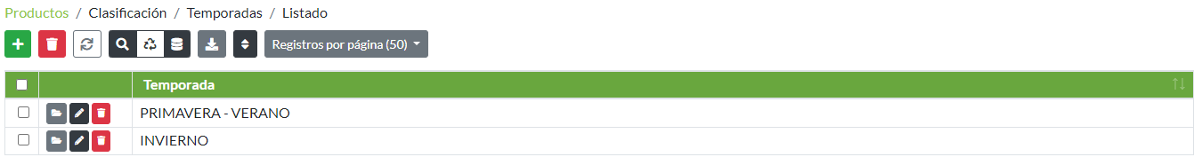 Listado de temporadas
