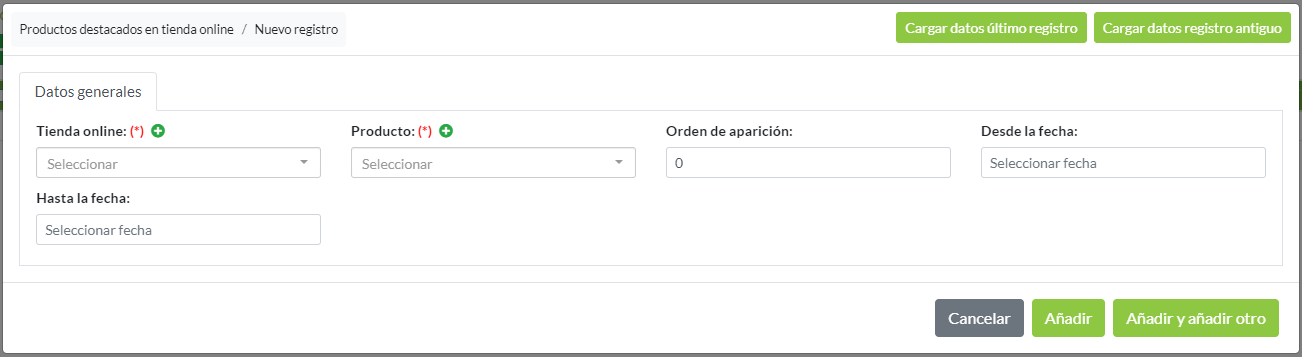 Creación de registro para Productos destacados