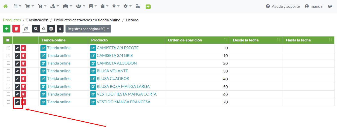 Modificación de un registro de producto destacado desde su menú de opciones
