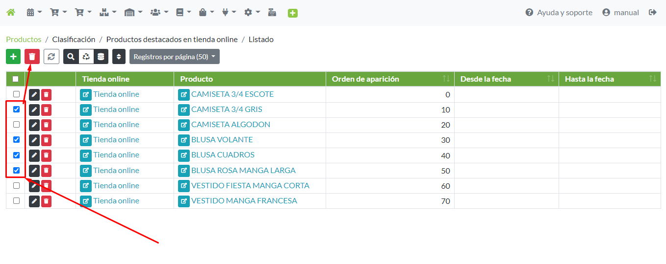 Selección masiva de registros de productos destacado para su eliminación