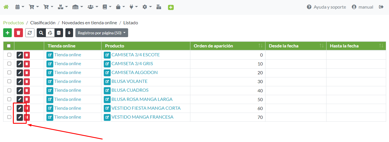 Modificación de un registro de novedad en tienda online desde su menú de opciones