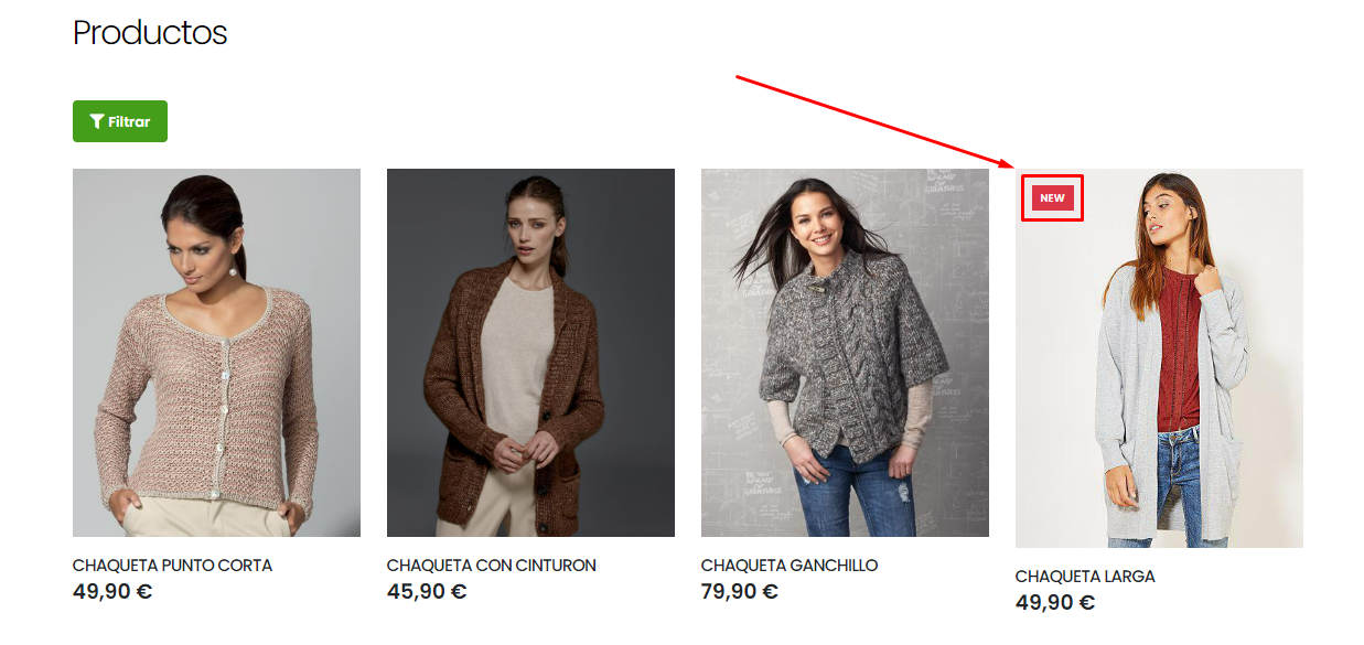Detalle distintivo de producto indicado como novedad en la tienda online