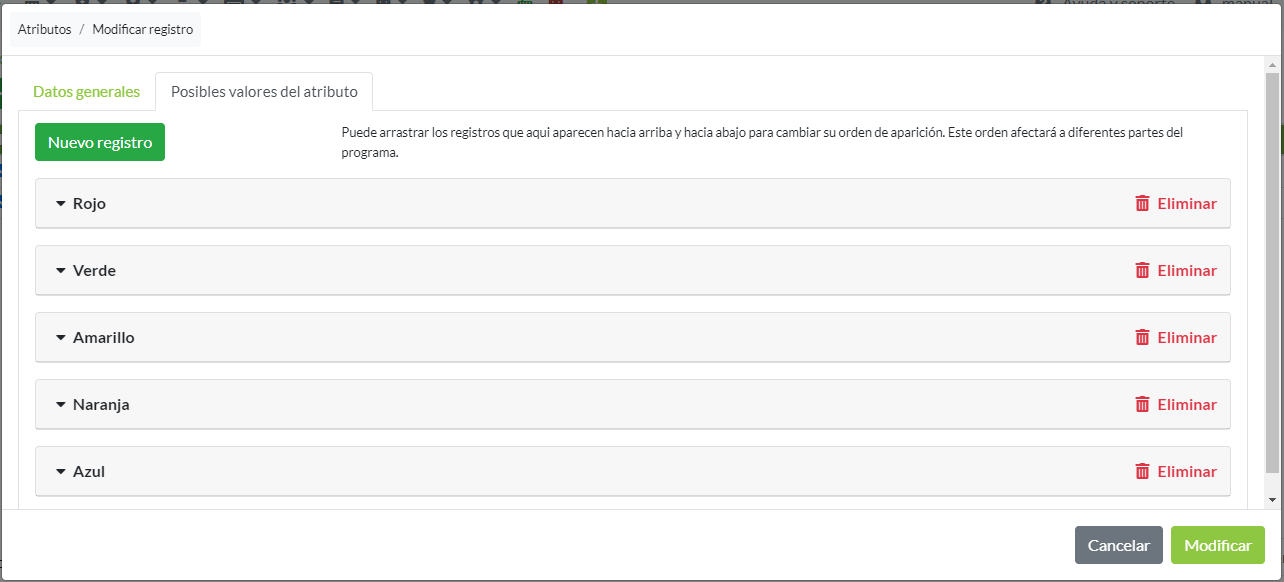 Pestaña de posibles valores para un atributo Color