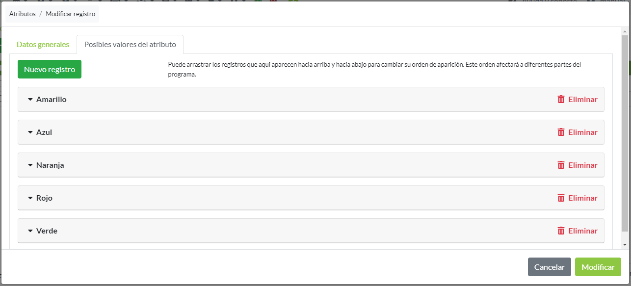 Pestaña de posibles valores para un atributo Color